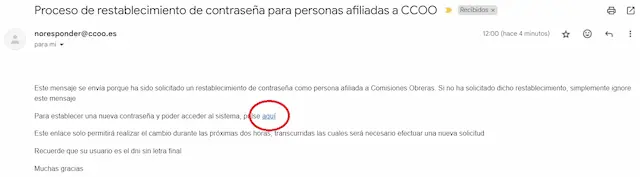 correo restablecer contraseña confederación sindical comisiones obreras