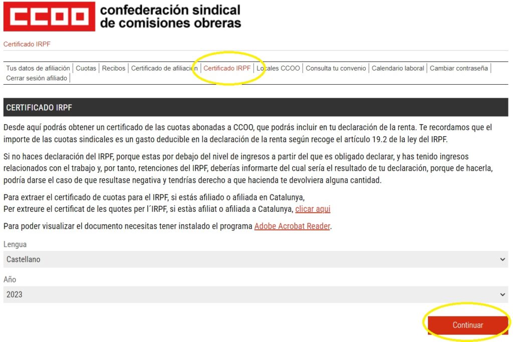 recuadro descarga certificado IRPF de cuotas satisfechas en comisiones obreras