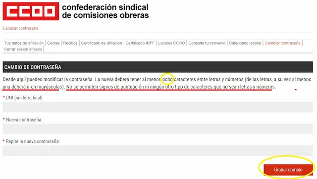 pantalla cambio de contraseña confederación sindical comisiones obreras